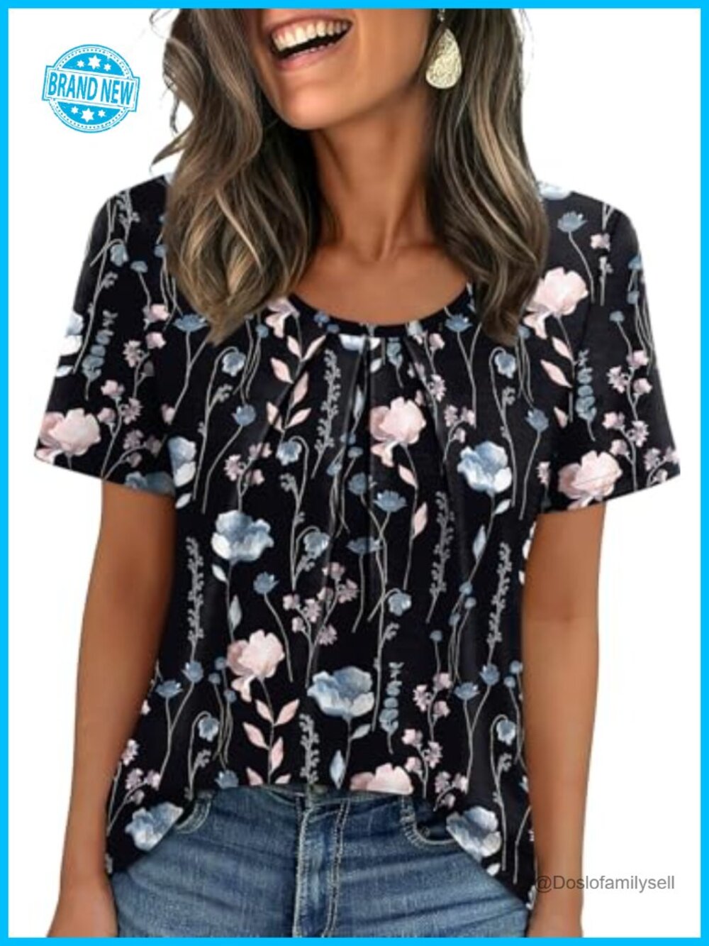 Women's Pleated Short Sleeve T-Shirt Floral Scoop Neck Business Casual Blouse